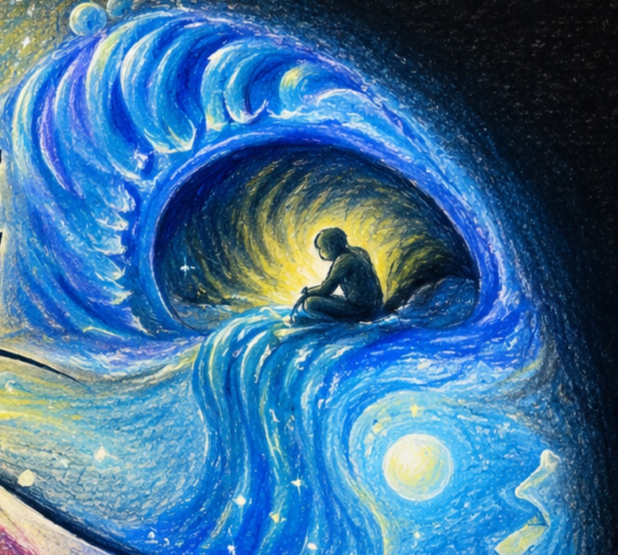 A painted detail of a deep-blue wave curling over a seated, meditating figure beneath a glowing moon — the Temple's part of the Benno's World painting.
